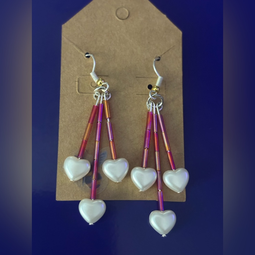 Handmade Heart Drop Earrings with Pink and Silver Accents